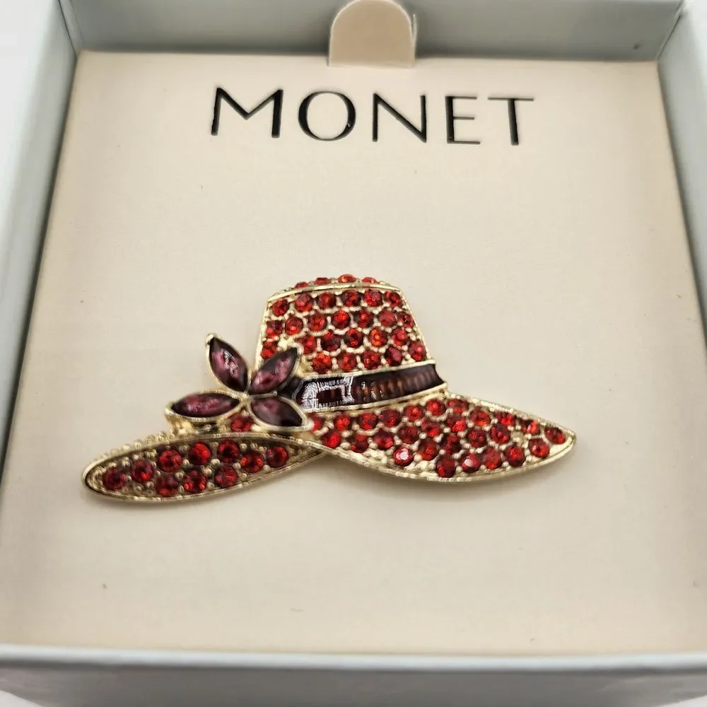 NOS Vintage Monet Rhinestone Red‎ Hat Society Brooch